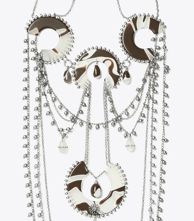 Tory Burch designer necklaces Bead And Resin Necklace in Antique Tory Silver / Multi front