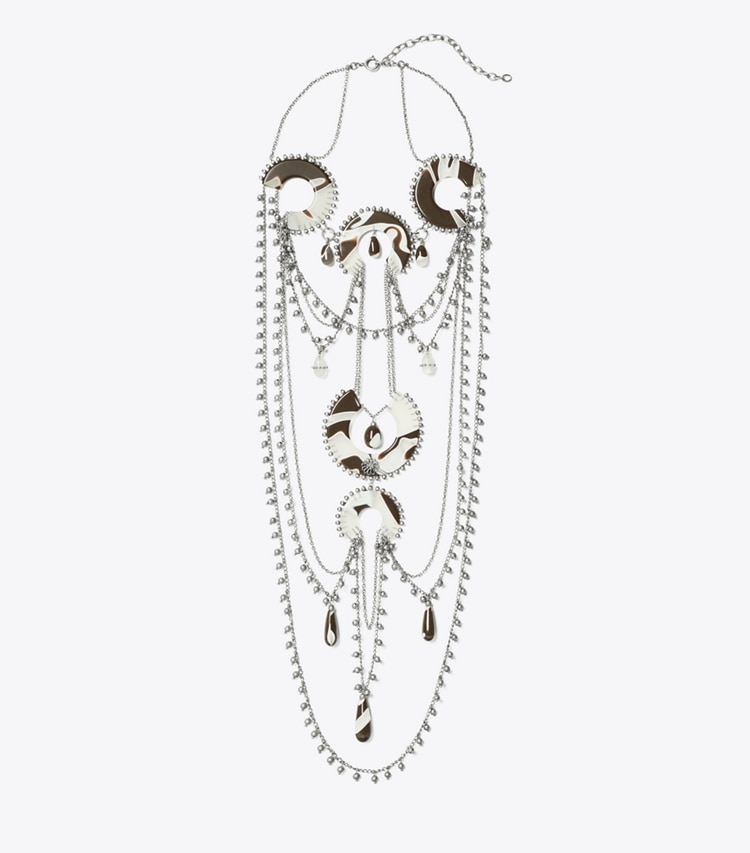 Tory Burch designer necklaces Bead And Resin Necklace in Antique Tory Silver / Multi front