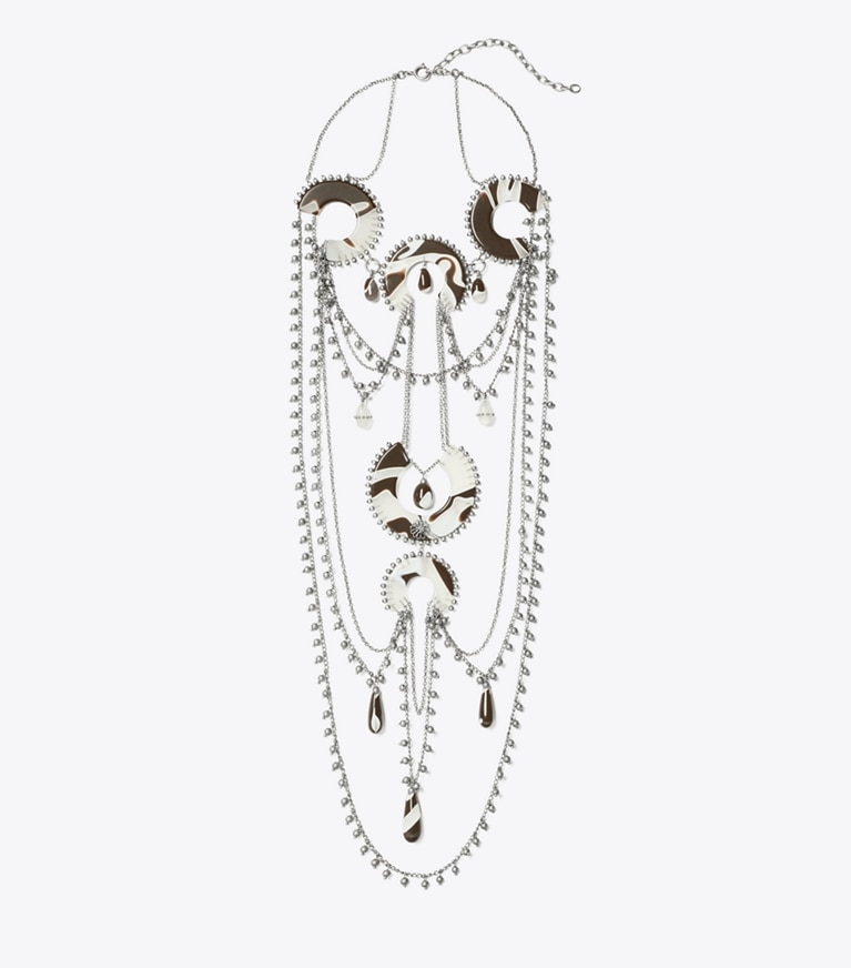 Tory Burch designer necklaces Bead And Resin Necklace in Antique Tory Silver / Multi front
