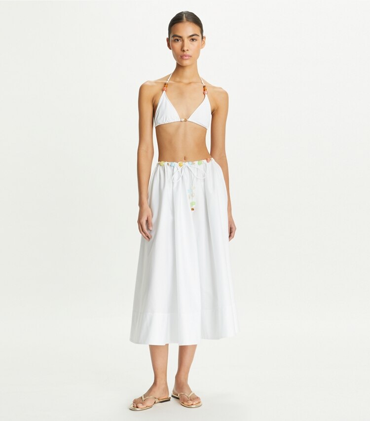 Tory Burch designer coverups Beaded Cotton Poplin Skirt in White on model front