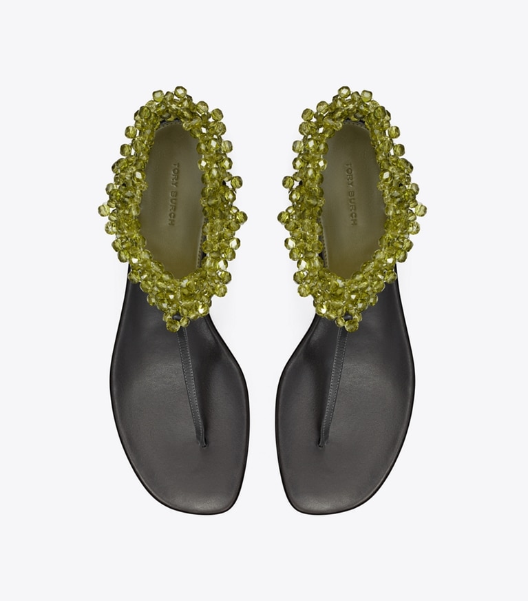 Tory Burch designer sandals Beaded Flat Sandal in OLIVE overhead