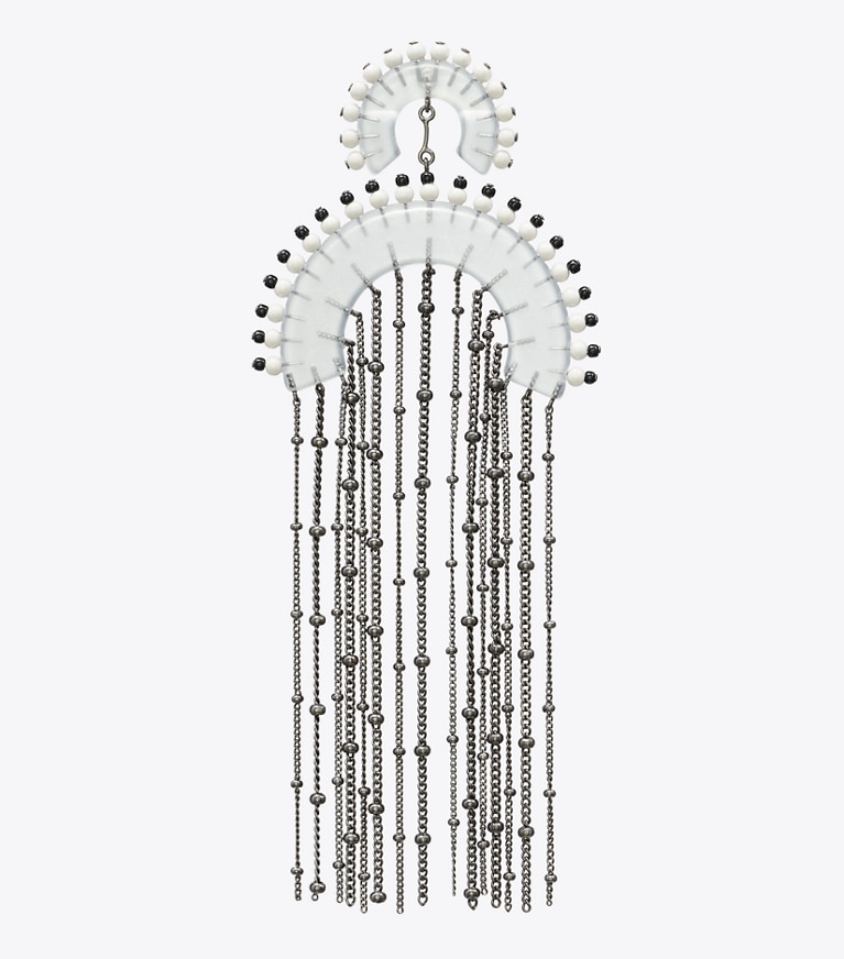 Tory Burch designer earrings Beaded Fringe Earring in Black / Clear front