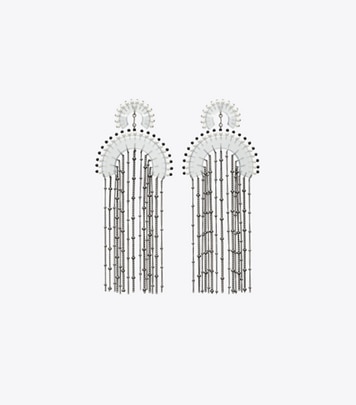 Tory Burch designer earrings Beaded Fringe Earring in Black / Clear front