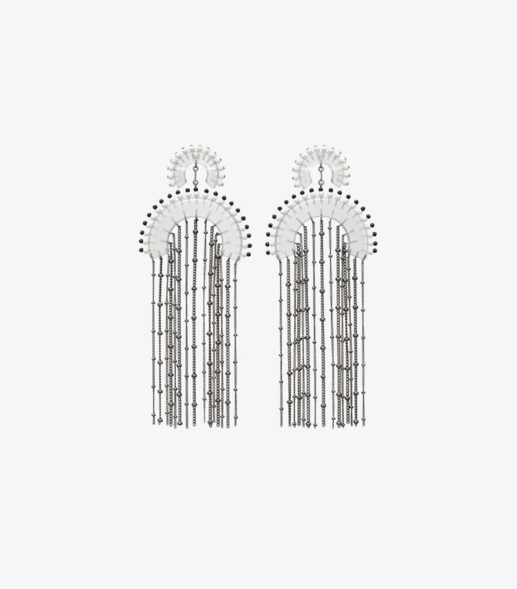 Tory Burch designer earrings Beaded Fringe Earring in Black / Clear front