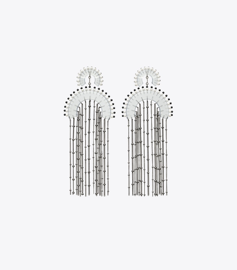 Tory Burch designer earrings Beaded Fringe Earring in Black / Clear front