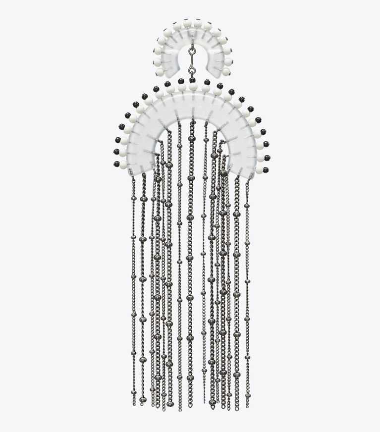 Tory Burch designer earrings Beaded Fringe Earrings in Black / Clear front