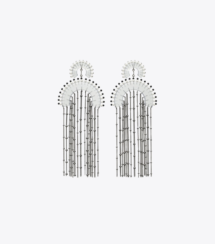 Tory Burch designer earrings Beaded Fringe Earrings in Black / Clear front