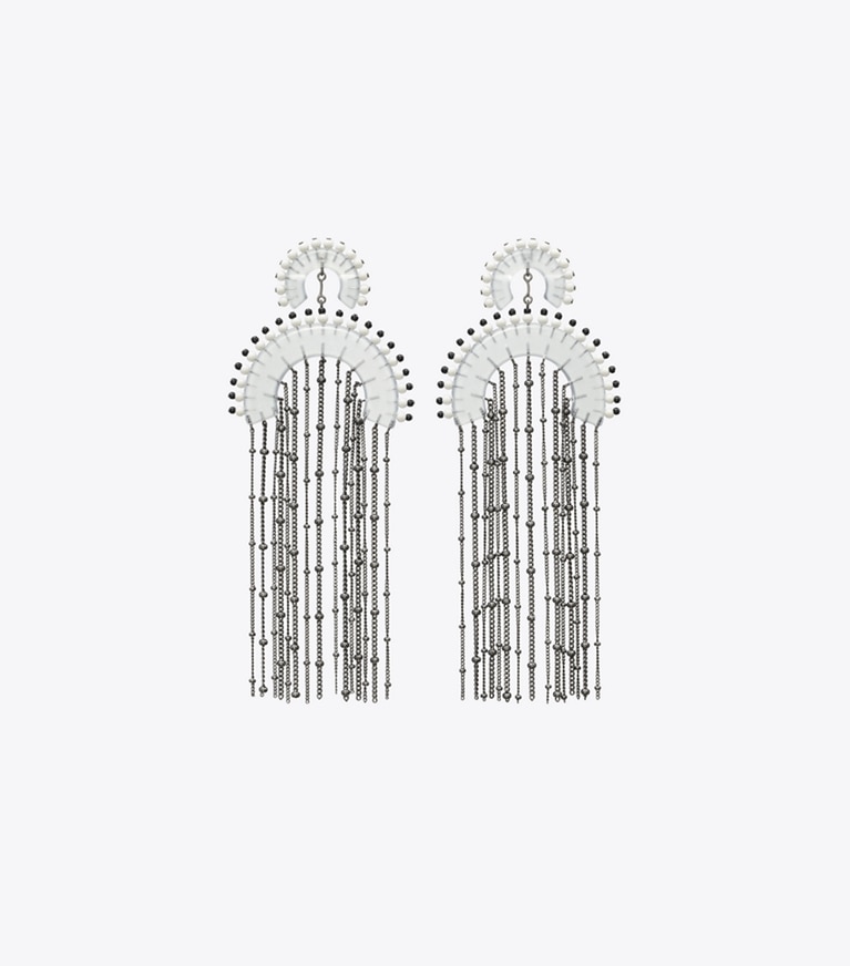 Tory Burch designer earrings Beaded Fringe Earrings in Black / Clear front