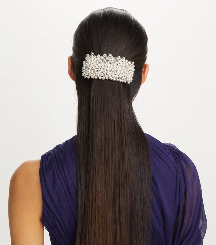 Tory Burch designer hair pins Beaded Hair Barrette in Light Silver accessory on model