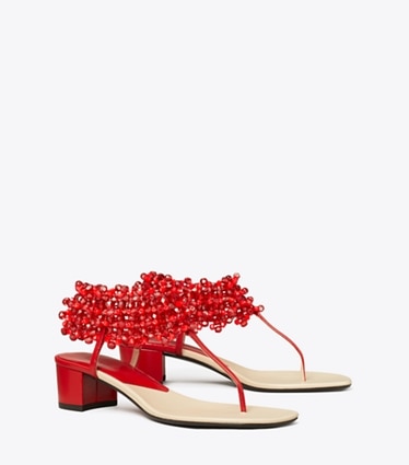 Tory Burch designer sandals Beaded Heeled Sandal in TORY RED angle