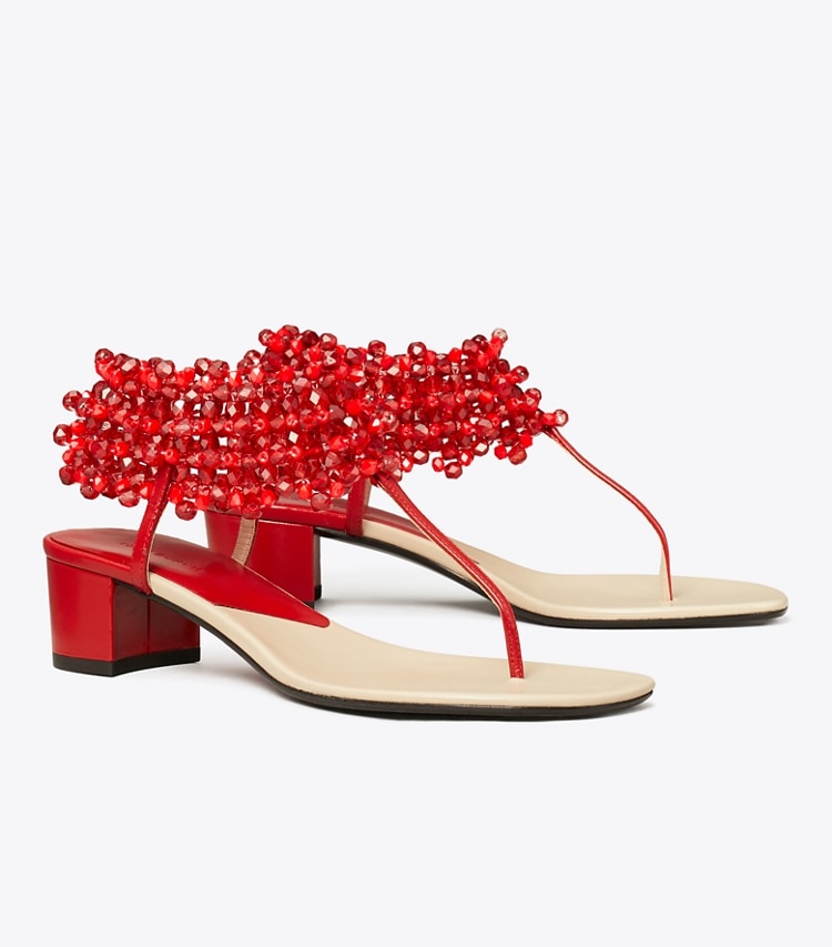 Tory Burch designer sandals Beaded Heeled Sandal in TORY RED angle