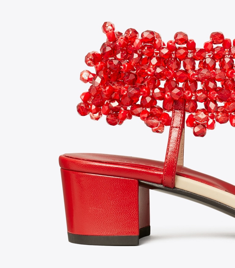 Tory Burch designer sandals Beaded Heeled Sandal in TORY RED angle