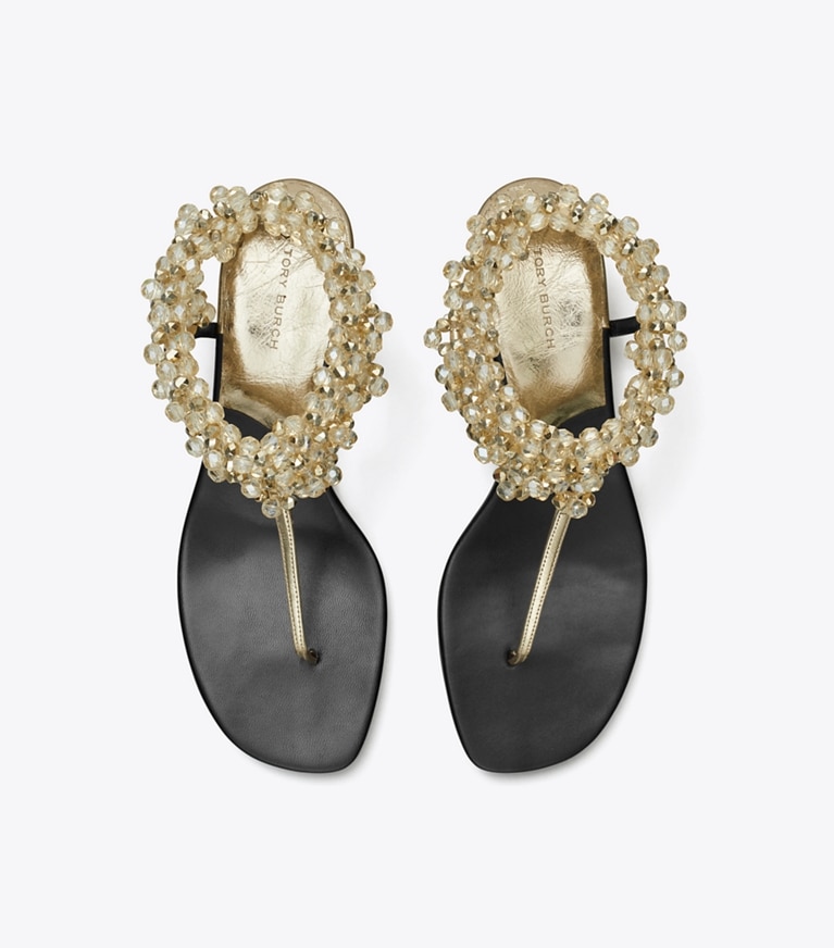 Tory Burch designer sandals Beaded Heeled Sandal in Spark Gold angle