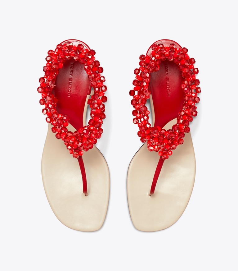 Tory Burch designer sandals Beaded Heeled Sandal in TORY RED angle