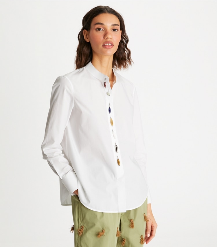 Tory Burch designer tops Beaded Poplin Tunic in White on model detail