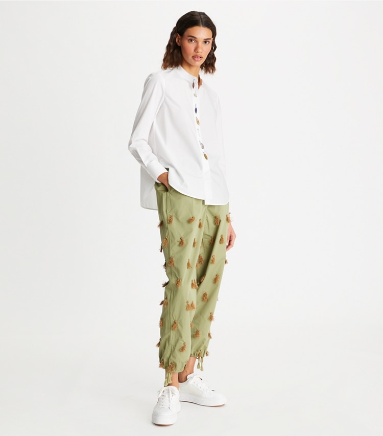 Tory Burch designer tops Beaded Poplin Tunic in White on model front