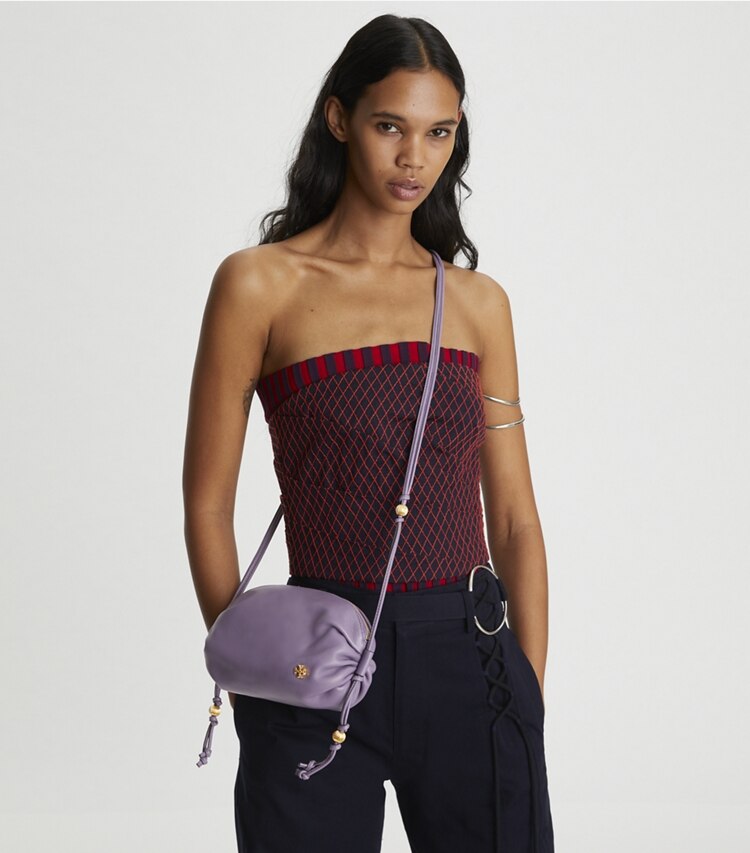 Tory Burch designer crossbody bags Beaded Strap Soft Mini Crossbody in Purple Cosmos accessory on model