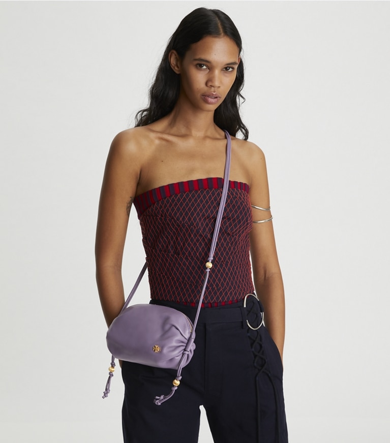 Tory Burch designer crossbody bags Beaded Strap Soft Mini Crossbody in Purple Cosmos angle