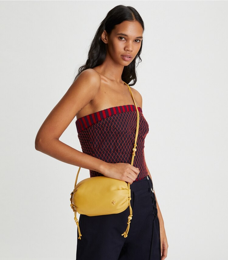 Tory Burch designer crossbody bags Beaded Strap Soft Mini Crossbody in Golden Sunset accessory on model