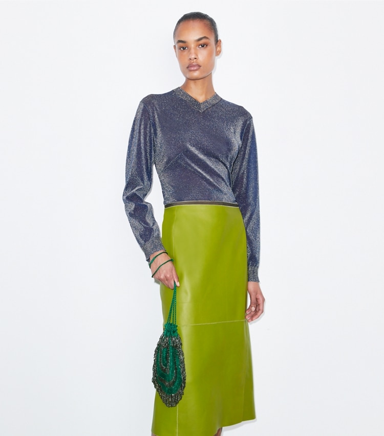 Tory Burch designer crossbody bags Beaded Vintage Bag in Green Multi accessory on model