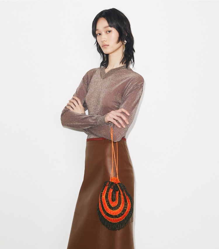 Tory Burch designer crossbody bags Beaded Vintage Bag in Orange Multi accessory on model