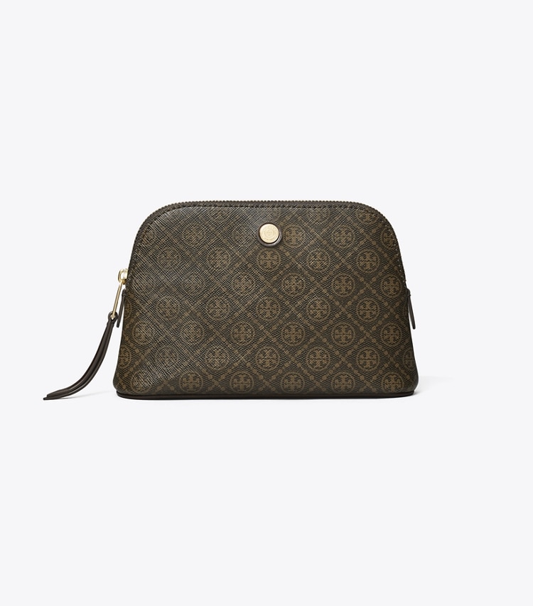 Tory Burch designer porta cosmetici Beauty case bombato piccolo in tela rivestita T Monogram in French Press front