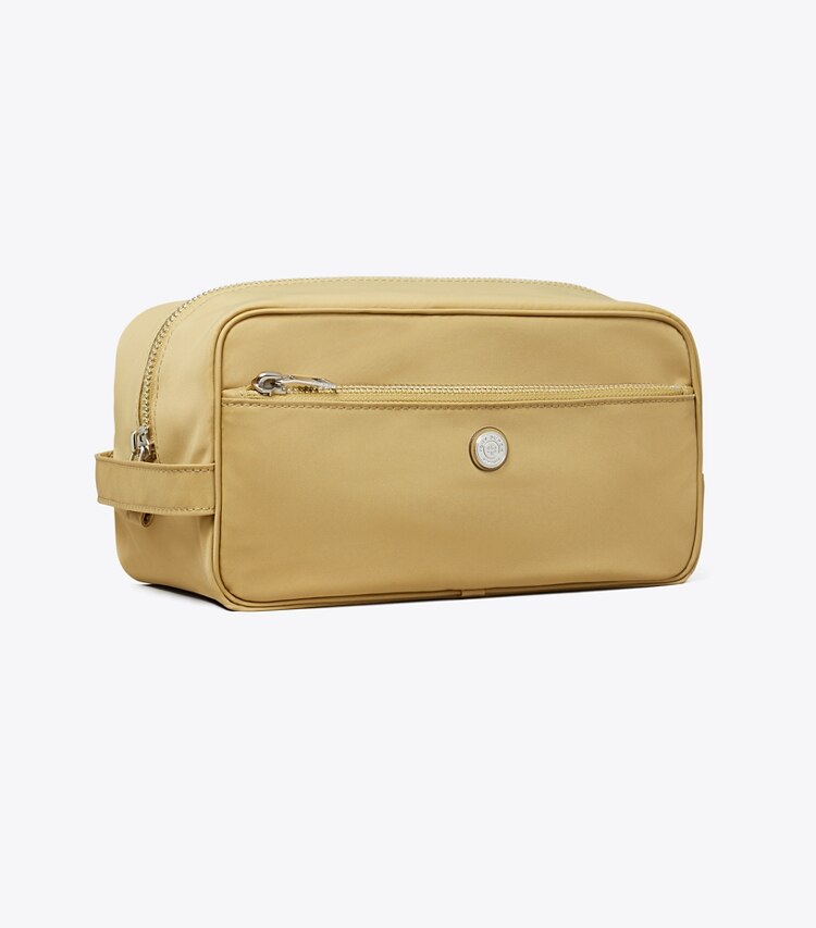 Tory Burch designer porta cosmetici Beauty case grande Twist in Wheat angle