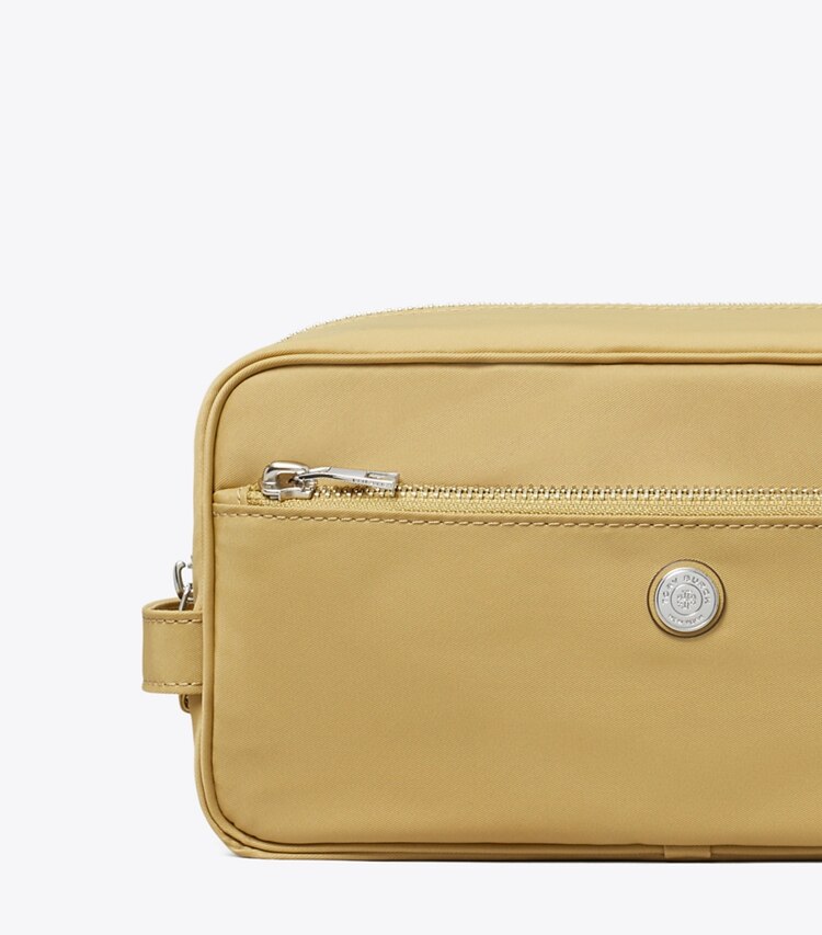 Tory Burch designer porta cosmetici Beauty case grande Twist in Wheat dettaglio