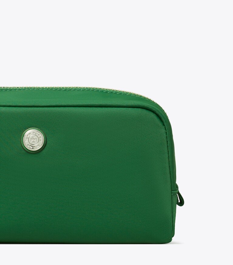 Tory Burch designer porta cosmetici Beauty case medio Twist in Basil dettaglio