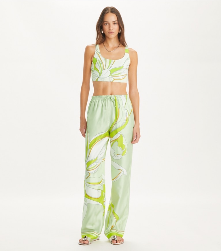 Tory Burch designer unterteile Bedruckte Seidenhose in Chartreuse Twisty Flower front