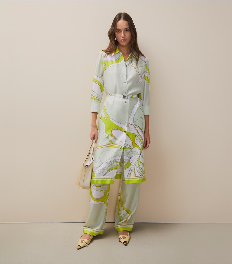 Tory Burch designer unterteile Bedruckte Seidenhose in Chartreuse Twisty Flower front