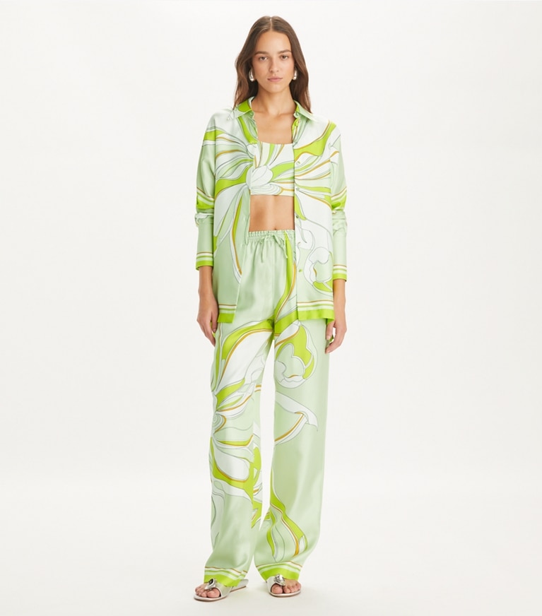 Tory Burch designer oberteile Bedruckte Tunika aus Seide in Chartreuse Twisty Flower front