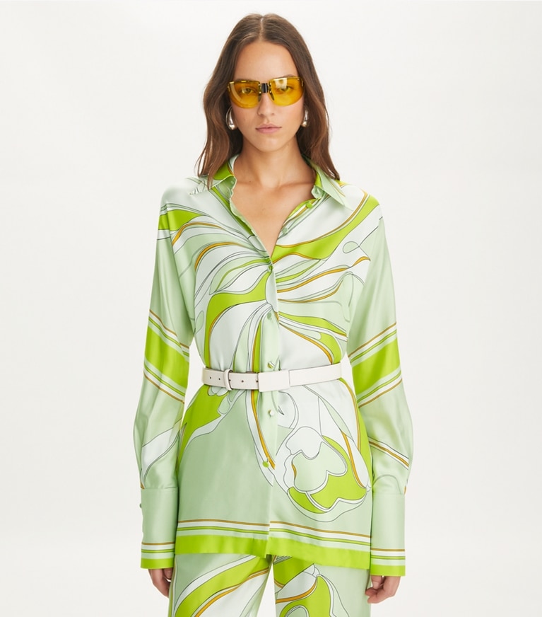 Tory Burch designer oberteile Bedruckte Tunika aus Seide in Chartreuse Twisty Flower front