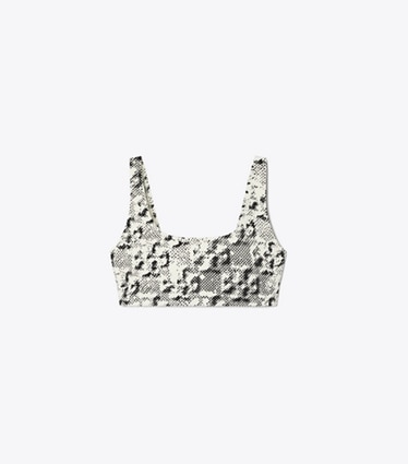 Tory Sport designer sport bhs Bedruckter BH mit tiefem Rückenausschnitt in New Ivory Distressed Pixelated Logo front