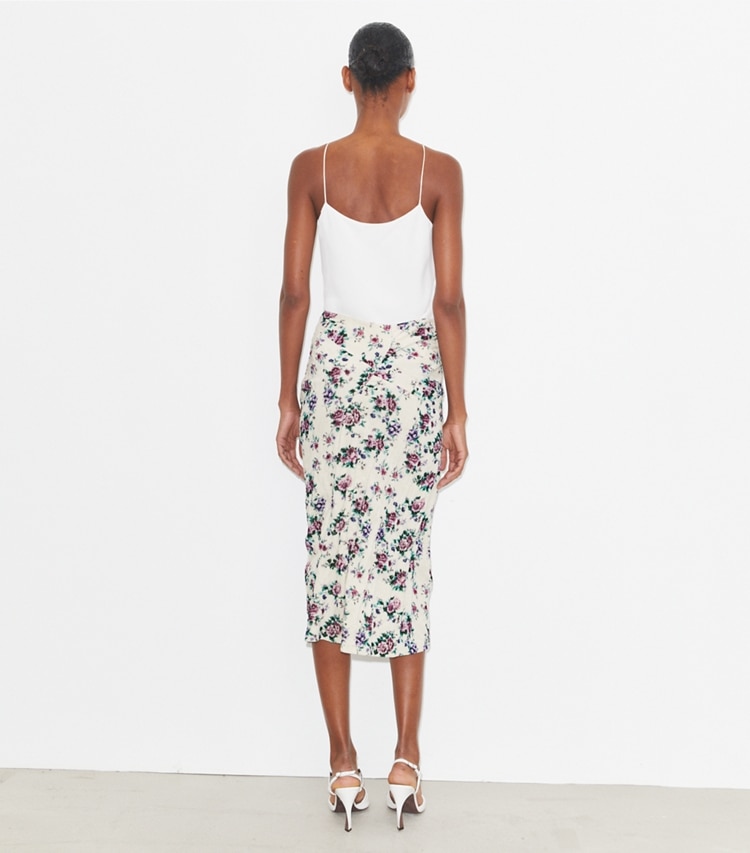 Tory Burch designer unterteile Bedruckter Rock aus Baumwollsamt in Purple Floral on model back
