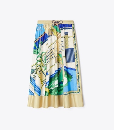 Tory Burch designer unterteile Bedruckter Satinrock aus Nylon in The Pool Blue front