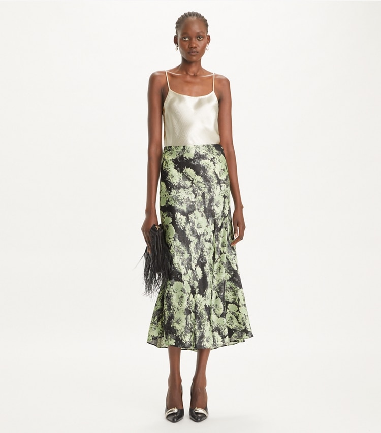 Tory Burch designer unterteile Bedruckter Satinrock in Green Pixel Floral modell von vorn