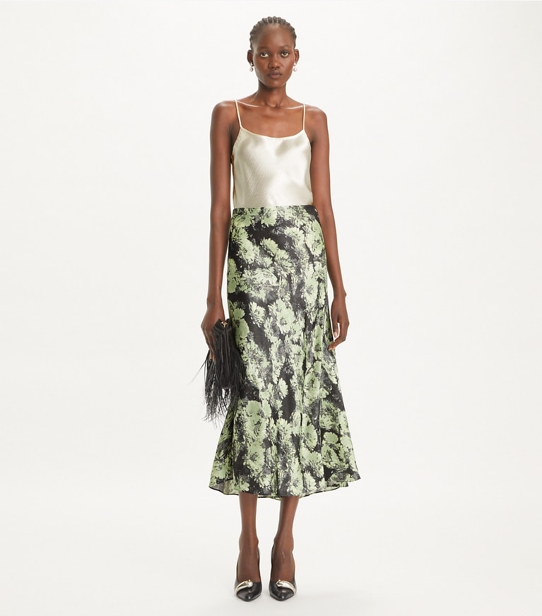 Tory Burch designer unterteile Bedruckter Satinrock in Green Pixel Floral front