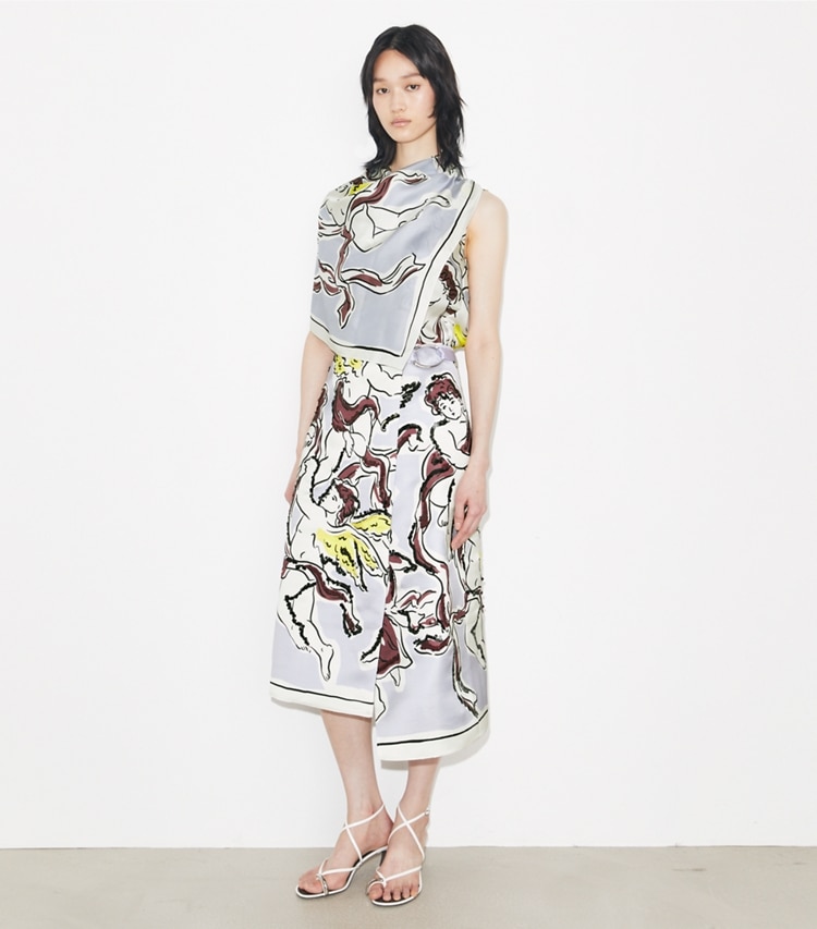 Tory Burch designer unterteile Bedruckter Satinrock in Lilac Cherubs modell von vorn