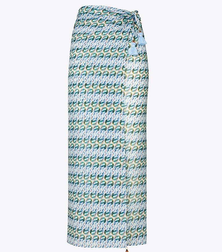 Tory Burch designer strandmode Bedruckter Seidenpareo in Blue Glass Swan Allover front