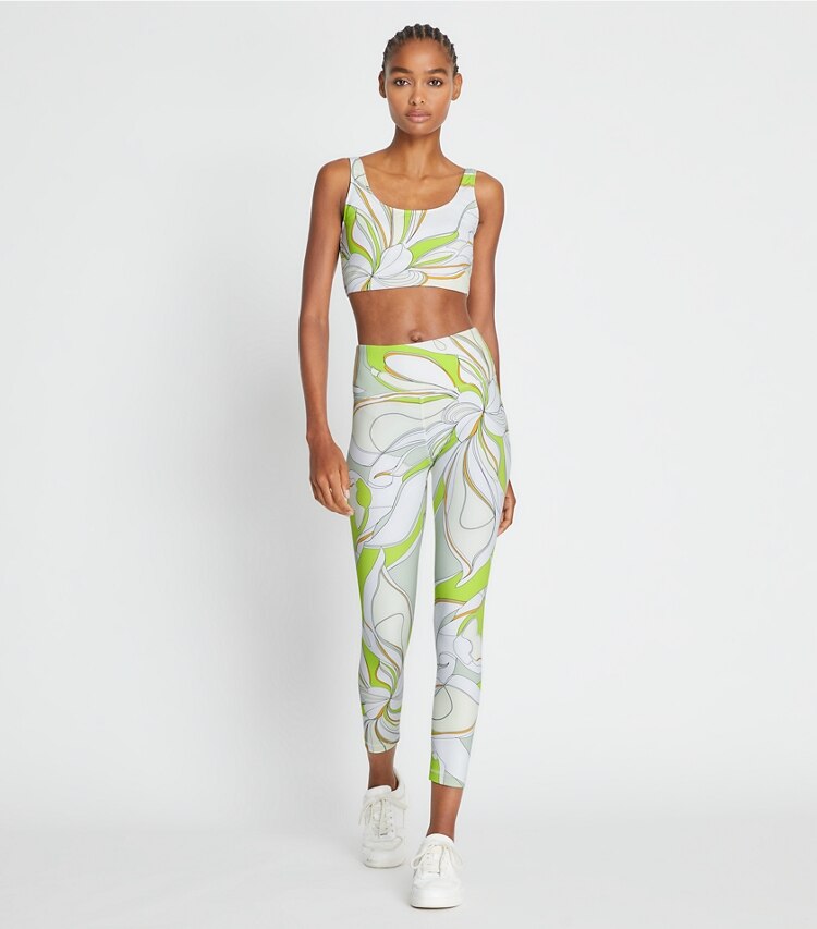 Tory Sport designer sport bhs Bedruckter Sport-BH mit U-Ausschnitt in Chartreuse Twisty Flower modell von vorn