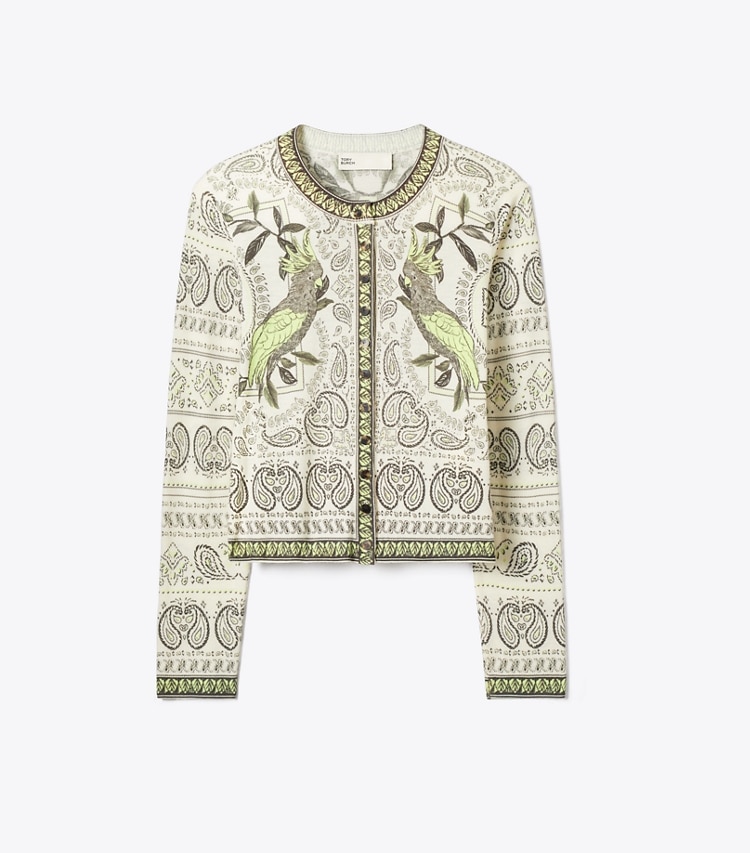 Tory Burch designer strickware Bedruckter Wollcardigan in Light Ivory / Mint Cockatoo front
