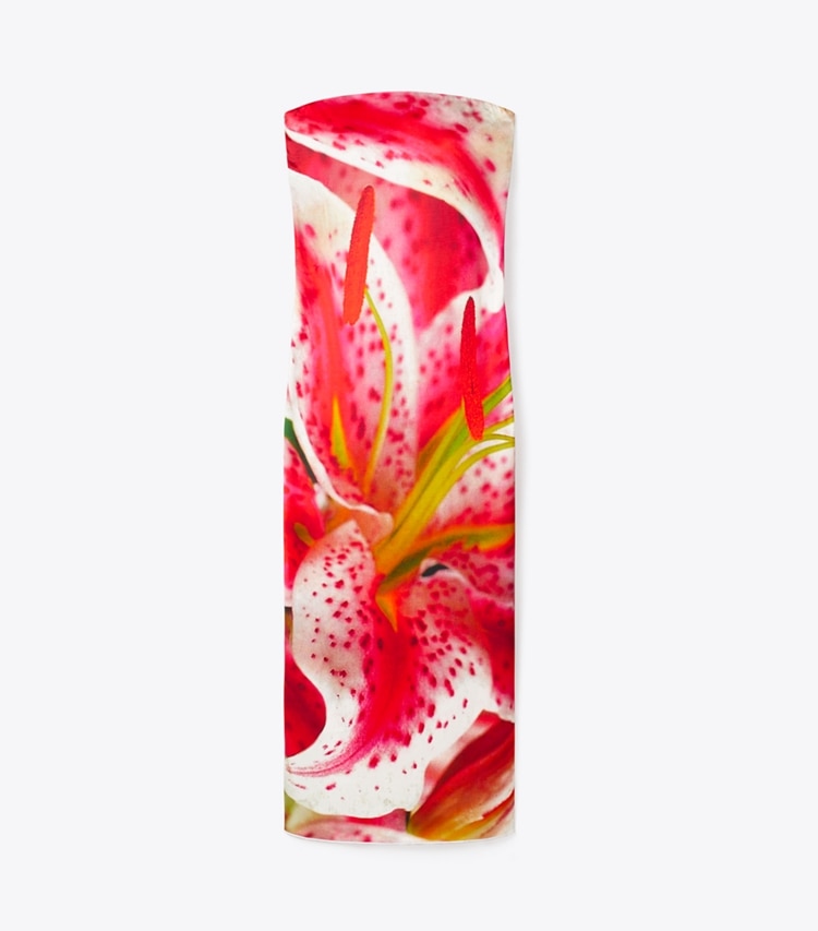 Tory Burch designer kleider Bedrucktes, trägerloses Kleid aus Viskose in Pink Lily front