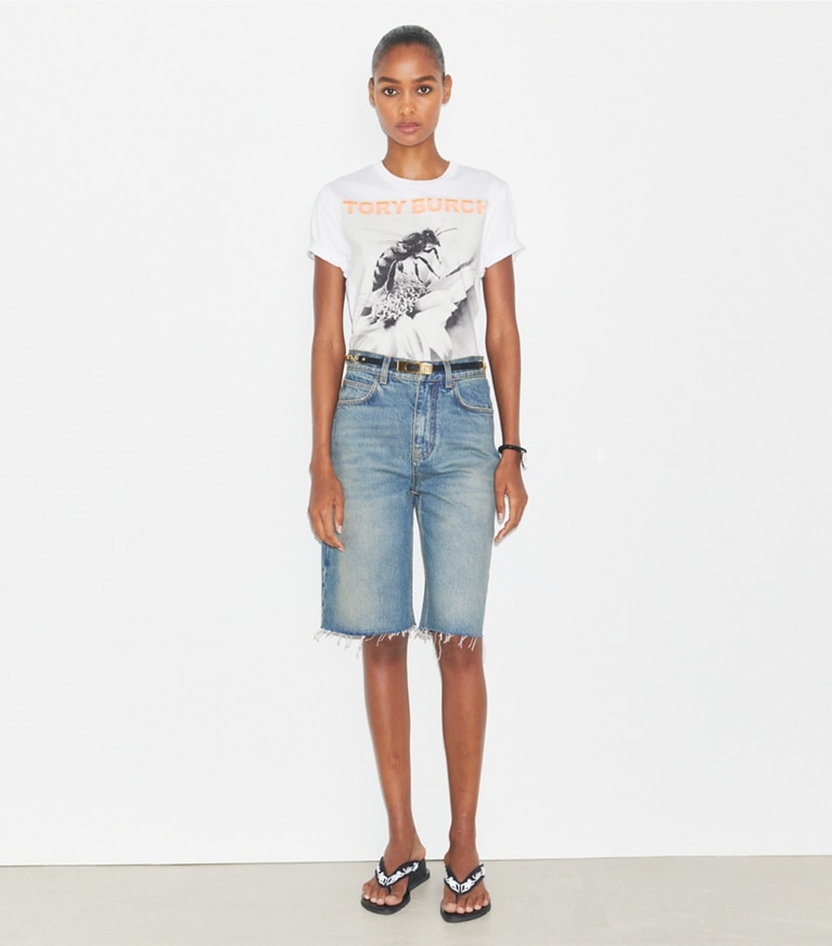 Tory Burch designer oberteile Bedrucktes Baumwoll-T-Shirt in WHITE /  Gray Bee front