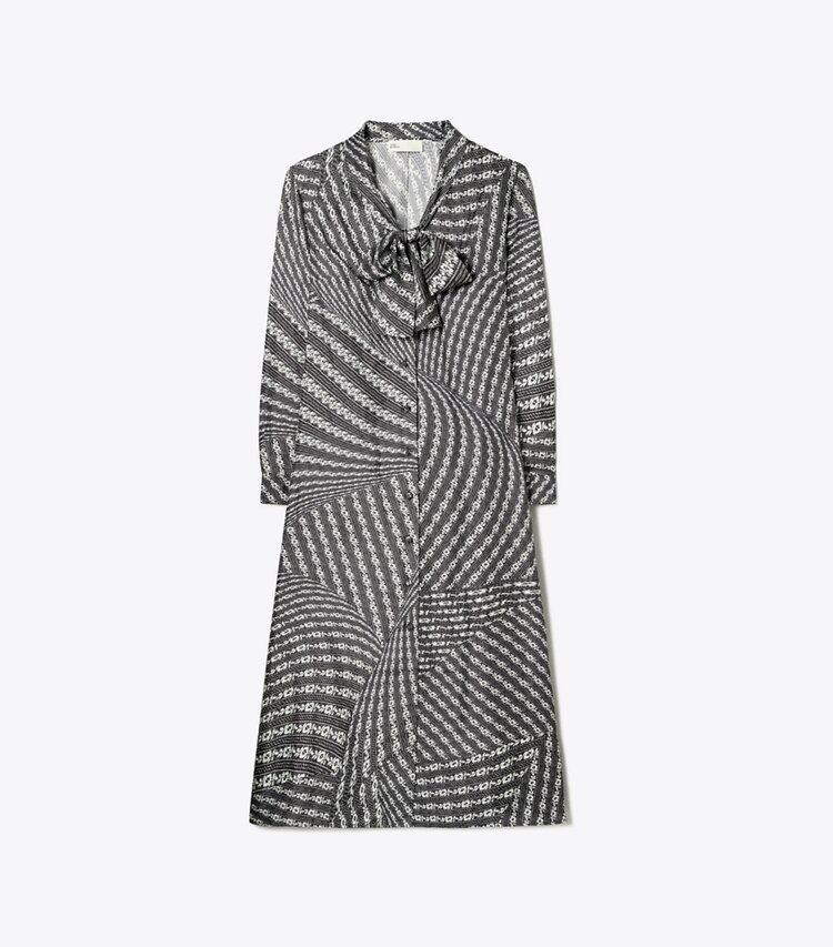 Tory Burch designer kleider Bedrucktes Blusenkleid mit Schleife in Black Warped Lace front