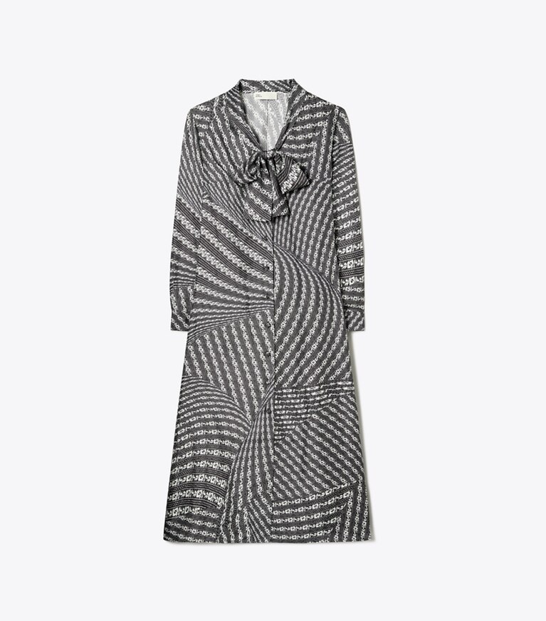 Tory Burch designer kleider Bedrucktes Blusenkleid mit Schleife in Black Warped Lace front