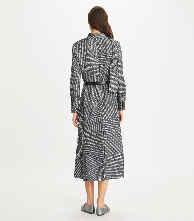 Tory Burch designer kleider Bedrucktes Blusenkleid mit Schleife in Black Warped Lace front