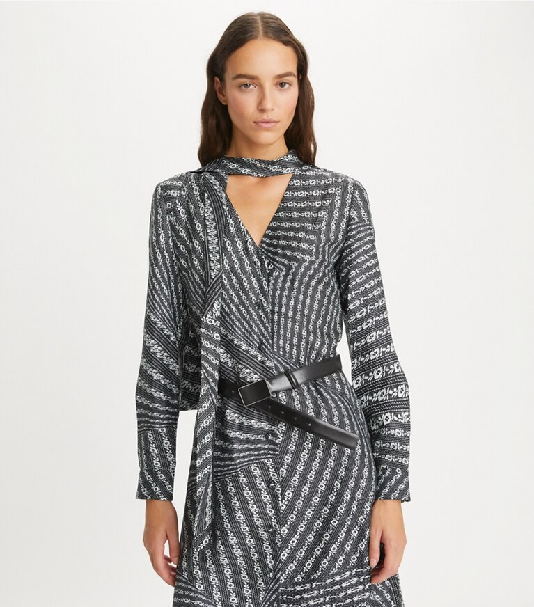 Tory Burch designer kleider Bedrucktes Blusenkleid mit Schleife in Black Warped Lace front