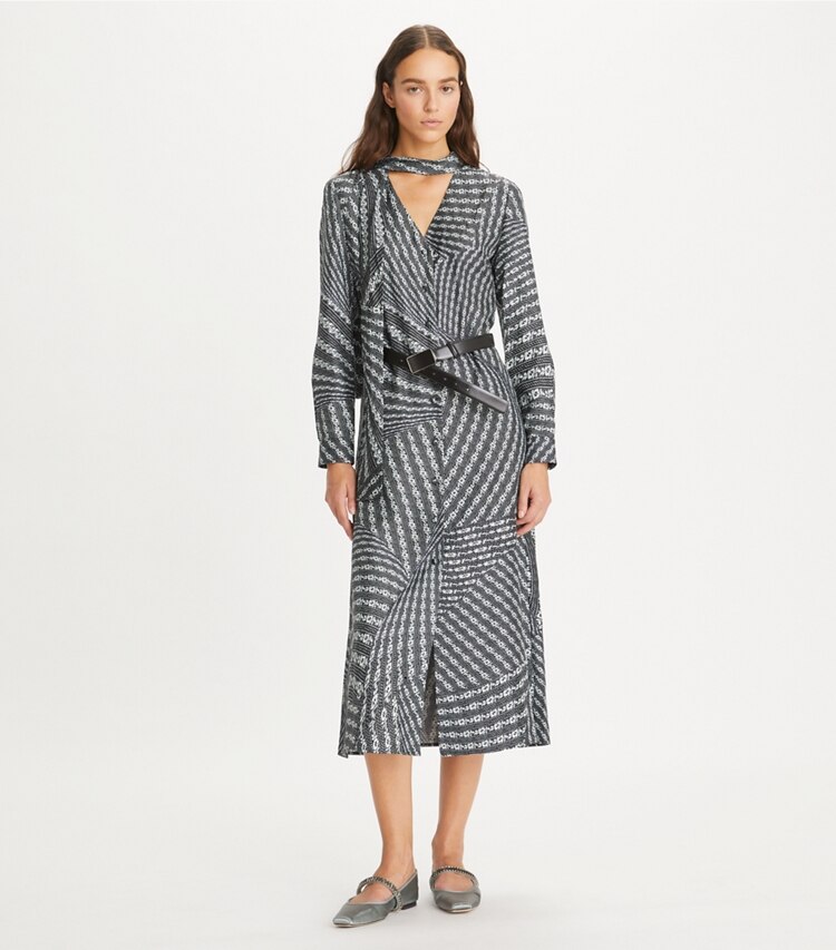 Tory Burch designer kleider Bedrucktes Blusenkleid mit Schleife in Black Warped Lace modell von vorn