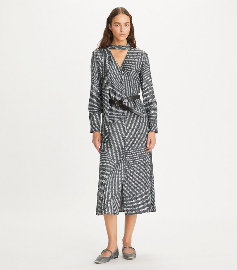 Tory Burch designer kleider Bedrucktes Blusenkleid mit Schleife in Black Warped Lace front